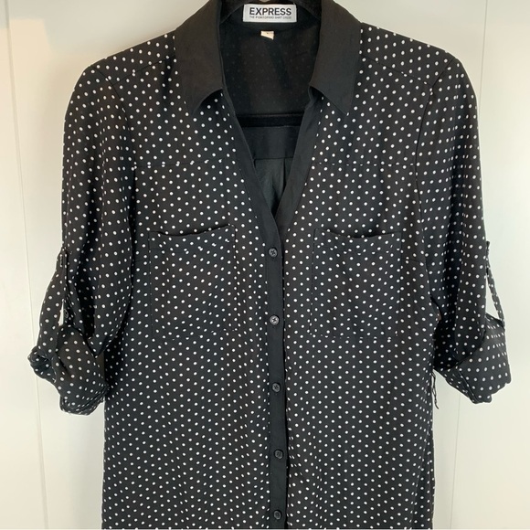 Express The Portofino Mini Black White Polka Dot Button Up Shirt  Dress sz S - Picture 4 of 9